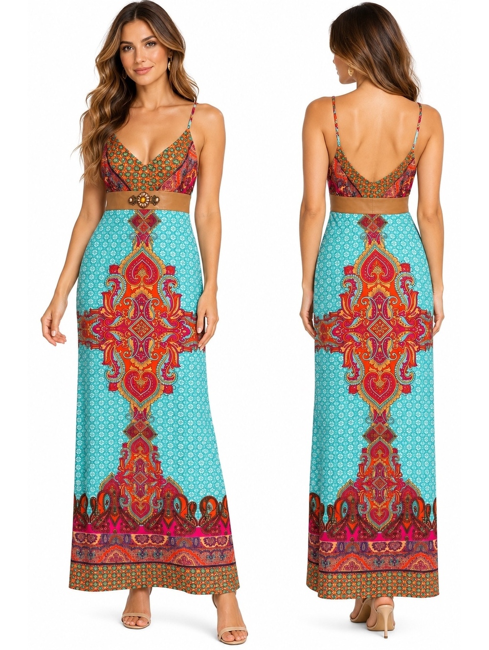 Venus Women's Maxi Dress with Colorful Bohemian Print and Spaghetti Straps